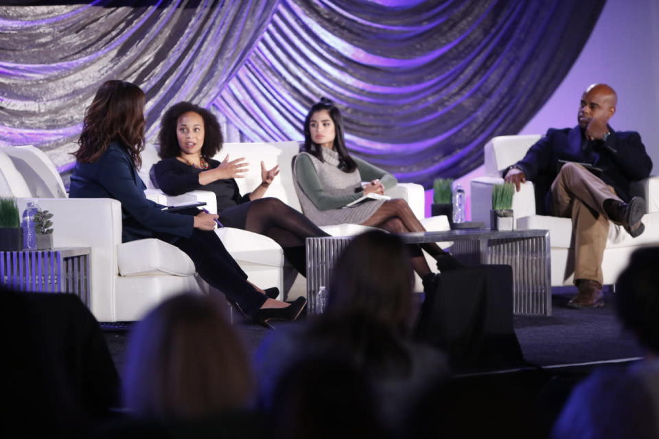 Leslie Sanchez, left, hosts “The revolution will be mobilized: Race, ethnicity and social media” panel.