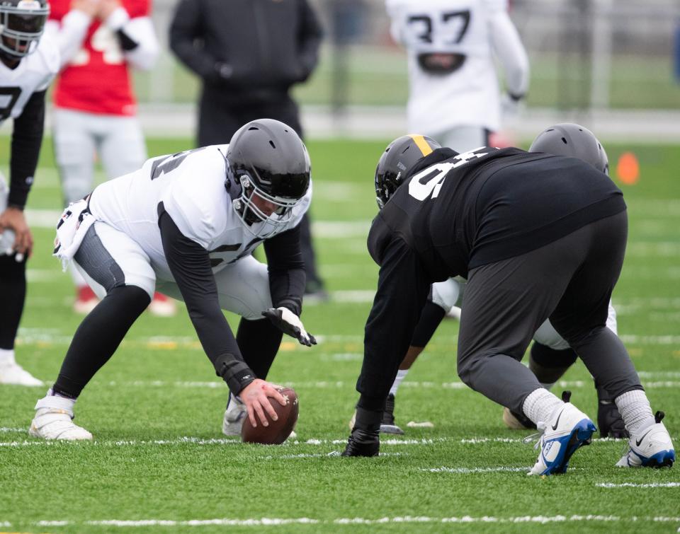 USFL Pittsburgh Maulers practice at the Pro Football Hall of Fame.