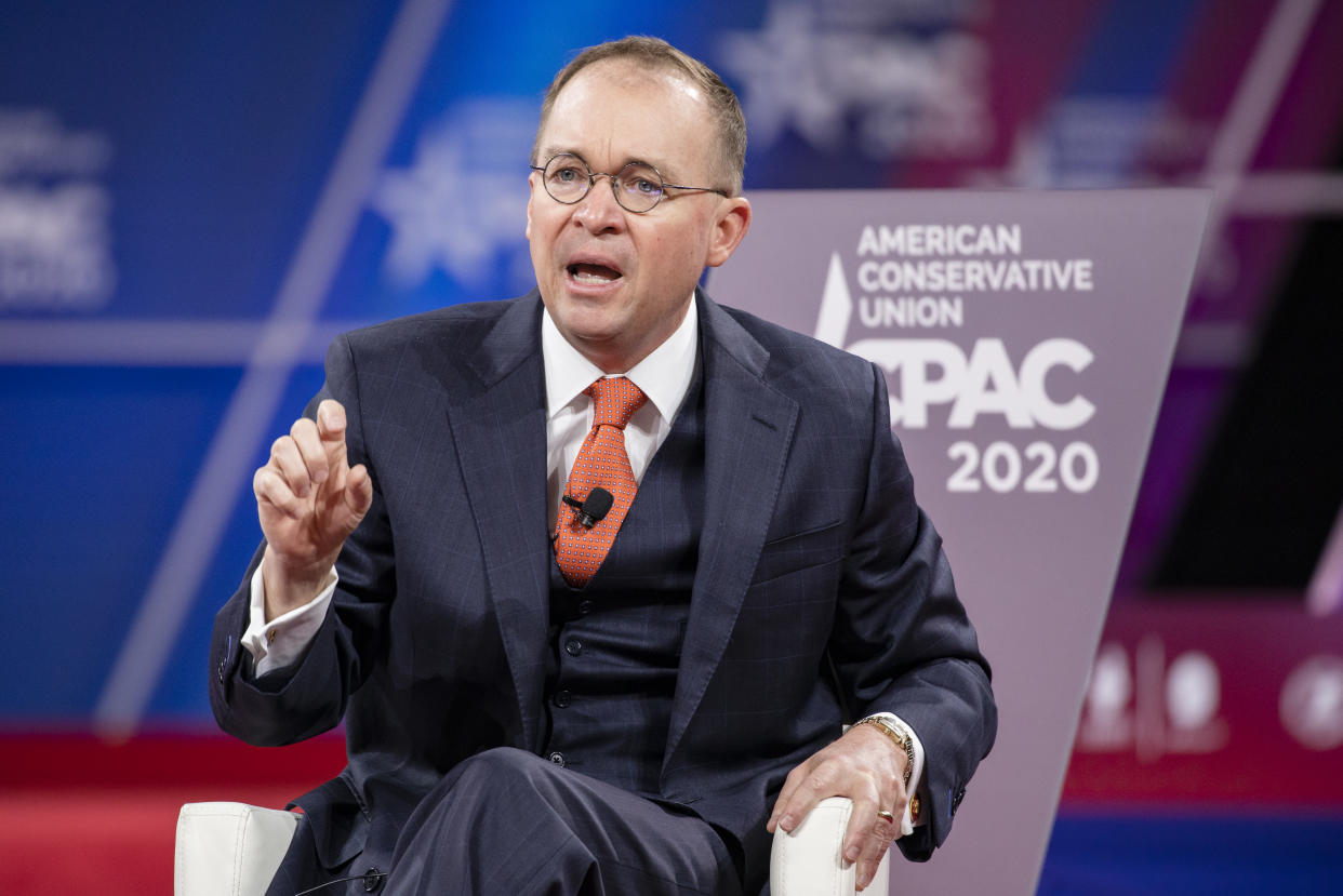 Then acting White House Chief of Staff Mick Mulvaney has a conversation with Stephen Moore (not pictured), Distinguished Visiting Fellow for Project for Economic Growth at The Heritage Foundation, on stage at the Conservative Political Action Conference 2020 (CPAC) hosted by the American Conservative Union on February 28, 2020 in National Harbor, MD. (Samuel Corum/Getty Images) 