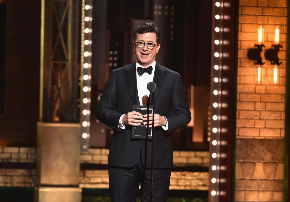 NEW YORK, NY - JUNE 11:  Stephen Colbert speaks onstage during the 2017 Tony Awards at Radio City Music Hall on June 11, 2017 in New York City.  (Photo by Theo Wargo/Getty Images for Tony Awards Productions)