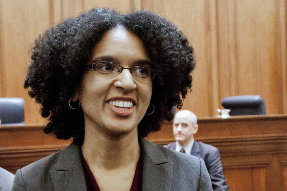 CORRECTS SPELLING OF FIRST NAME TO LEONDRA - FILE - Deputy assistant U.S. attorney general Leondra Kruger, stands during her confirmation hearing to the California Supreme Court in San Francisco on Dec. 22, 2014. President Joe Biden has already narrowed the field for his first U.S. Supreme Court pick. One potential nominee is Kruger, 45, a justice on the California Supreme Court. A graduate of Harvard and Yale’s law school she served as a law clerk on the high court before arguing a dozen cases before the court as a lawyer for the federal government. But Kruger, whose mother is Jamaican, has also been described as a moderate, which could be a tough sell for some liberal Democratic senators. (S. Todd Rogers/Pool via AP, File)