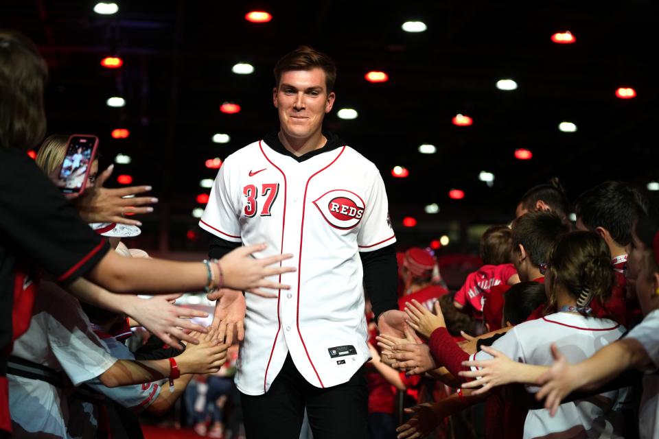 Cincinnati Reds catcher Tyler Stephenson is introduced during Redsfest, Friday, Dec. 2, 2022, at Duke Energy Convention Center in Cincinnati.