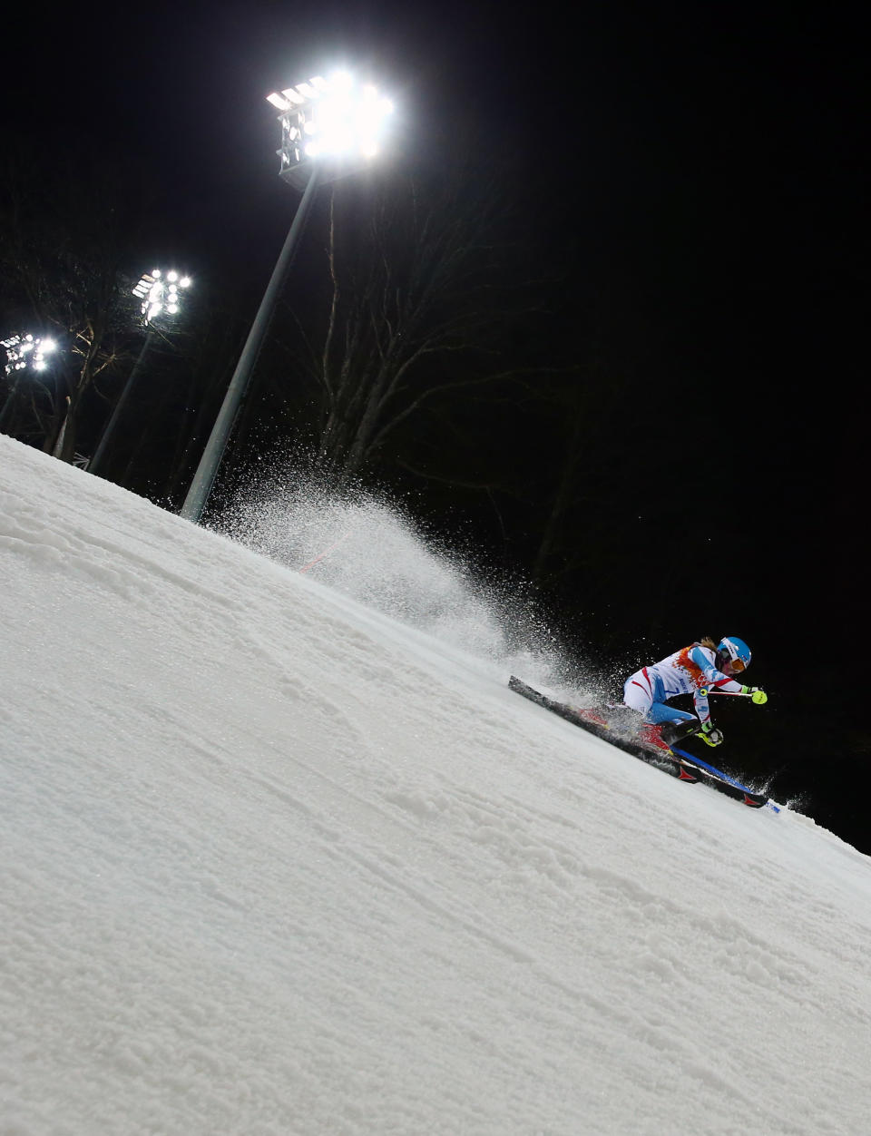 Austria's Marlies Schild skis in the second run of the women's slalom to win the silver medal in the Sochi 2014 Winter Olympics, Friday, Feb. 21, 2014, in Krasnaya Polyana, Russia. (AP Photo/Alessandro Trovati)