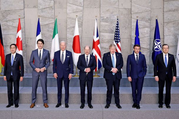 PHOTO: Fumio Kishida, Justin Trudeau, Joe Biden, Olaf Scholz, Boris Johnson, Emmanuel Macron and Mario Draghi pose for a G7 leader's photo during a NATO summit on Russia's invasion of Ukraine, on March 24, 2022 in Brussels, Belgium. (Pool/Getty Images, FILE)