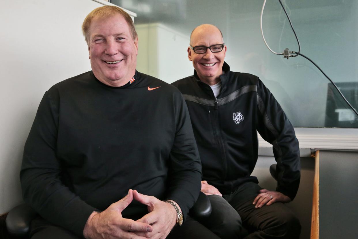 Bengals radio color commentator Dave Lapham, left, and play-by-play announcer Dan Hoard pose for a photo in the press box at Paul Brown Stadium, Tuesday, Dec. 13, 2016.