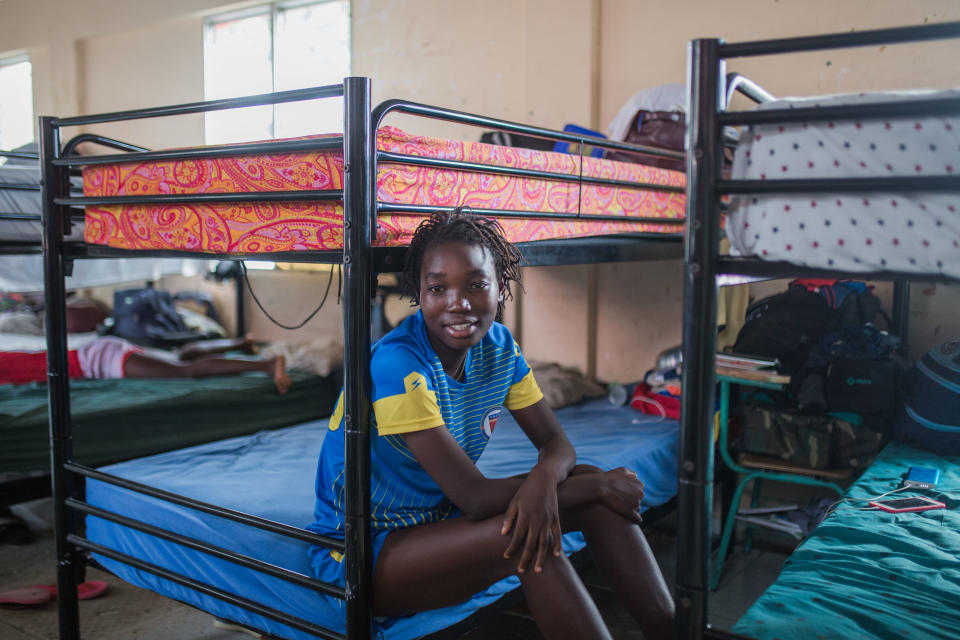 Rebecca Joseph, 14, resident of the Croix-des-Bouquet Sports Center and member of the Haitian women's soccer team U15 poses at the center in Croix-des-Bouquets, Haiti, on May 12, 2020. - At a training facility outside the Haitian capital, where young female football players are living under a coronavirus lockdown, the atmosphere is heavy, following allegations that the head of the sport's national federation raped several teenage girls there. But at the academy -- once a ranch owned by Haiti's former strongman Jean-Claude "Baby Doc" Duvalier -- players and staff are largely on Yves Jean-Bart's side, calling him a father figure. (Photo by Pierre Michel Jean / AFP) (Photo by PIERRE MICHEL JEAN/AFP via Getty Images)