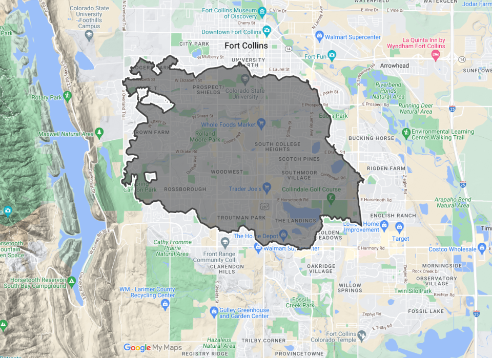 This map shows the the latest available mapping of the Alexander Mountain Fire, as of Aug. 2, 2024, and how it compares with the size of Fort Collins. It would stretch approximately from Overland Trail on the west to Timberline Road on the east and from Mulberry Street on the north to Harmony Road on the south.