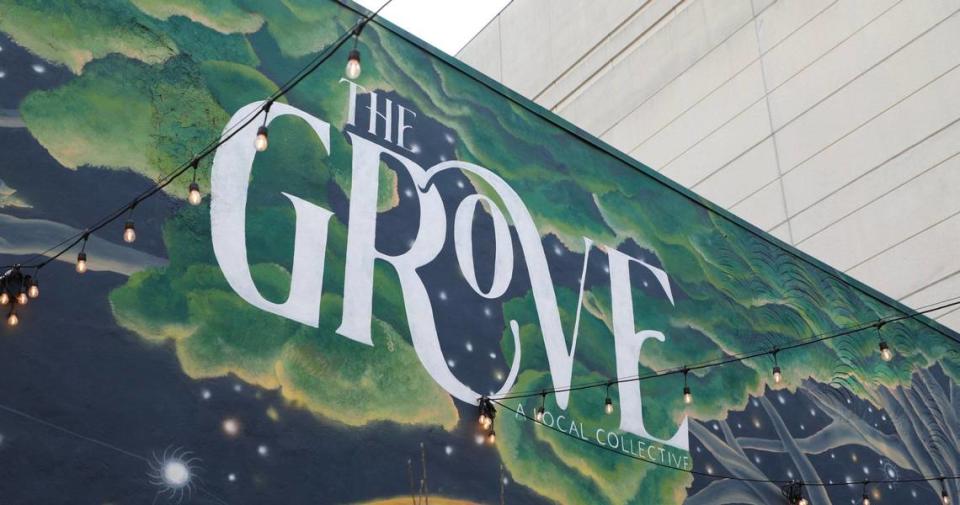 The Grove logo featured during the Bites of the Bluegrass walking food and history tour of downtown Lexington, Ky on March 21, 2024.