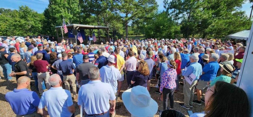 An overflow crowd gathers on Friday, June 2, 2023, outside Okatie Ale House in Bluffton, South Carolina, for Ron DeSantis’ presidential campaign stop.