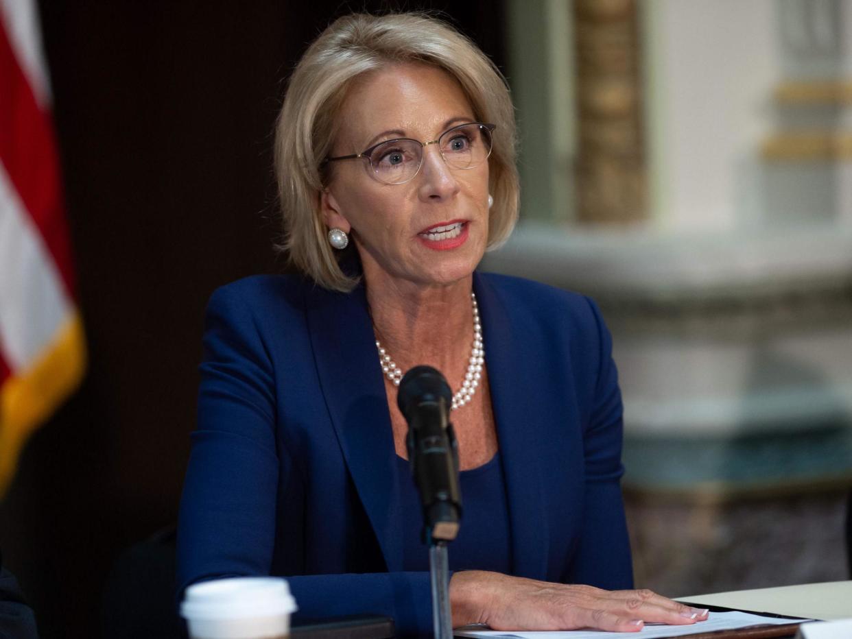 Betsy DeVos speaking in 2018 during a meeting of the Federal Commission on School Safety: (AFP)