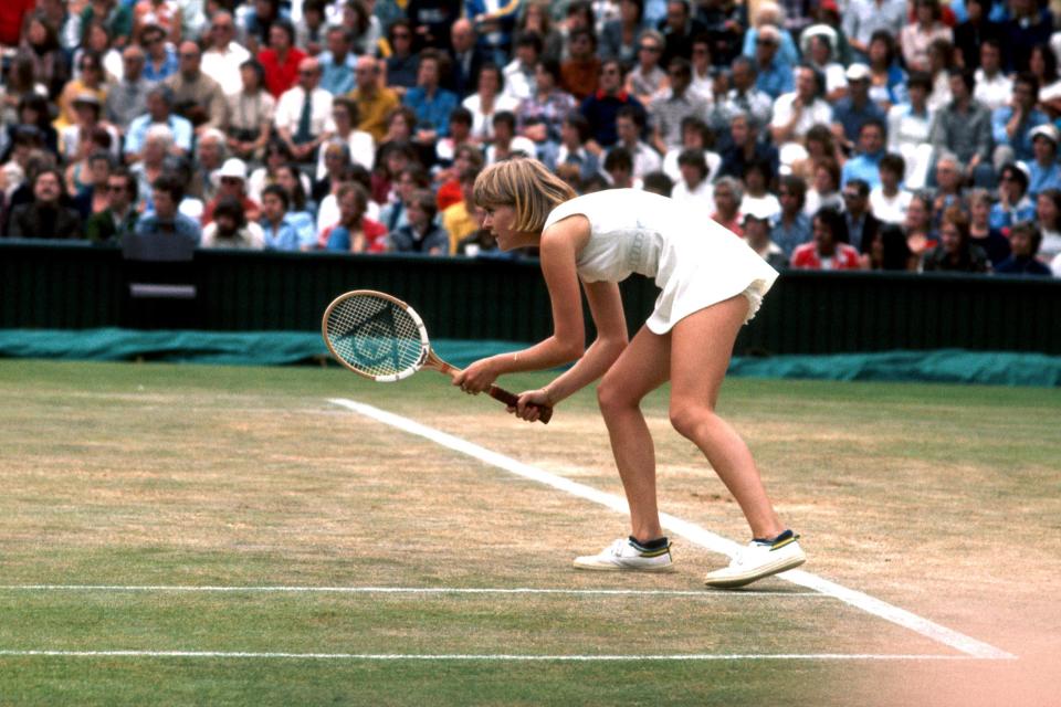 Sue Barker waits to receive service (Photo by S&G/PA Images via Getty Images)