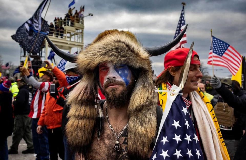 Jacob Anthony Angeli Chansley, known as the QAnon Shaman, amid the U.S. Capitol riot in Washington, D.C., on Jan. 6. Twitter owner Elon Musk expressed support for Chansley, based on disinformation being peddled by Fox News conspiracy theorist Tucker Carlson. (Brent Stirton/Getty Images/TNS)