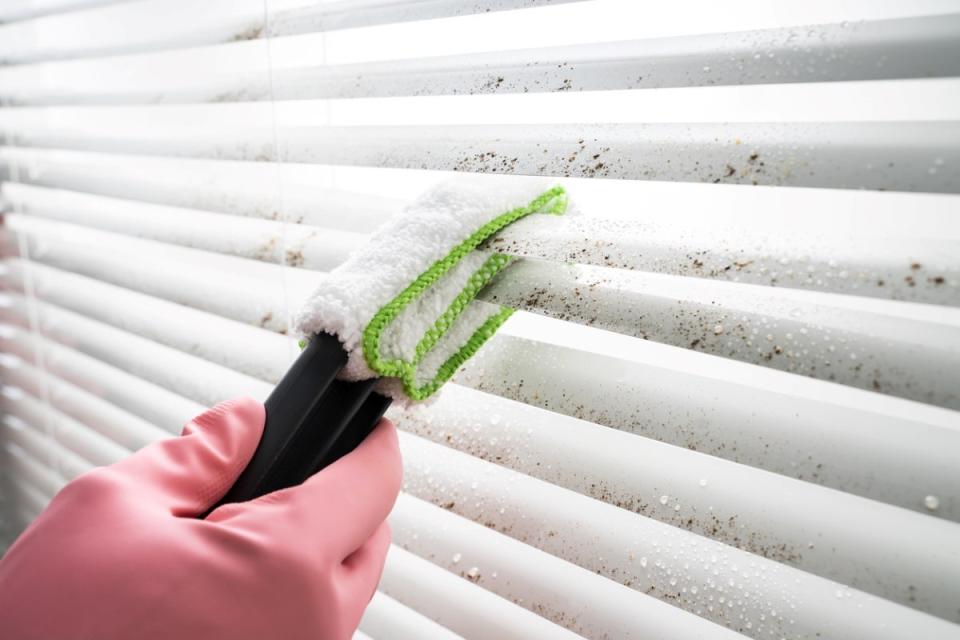 Using special blind cleaning tool to wipe dust off blinds.