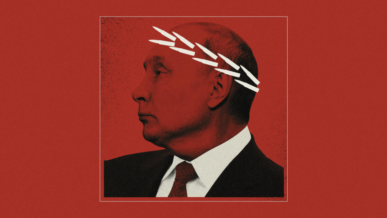  Illustration of Putin wearing a laurel wreath made of bullets. 