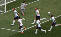 England's Harry Kane celebrates scoring their second goal with team mates. REUTERS/Ivan Alvarado