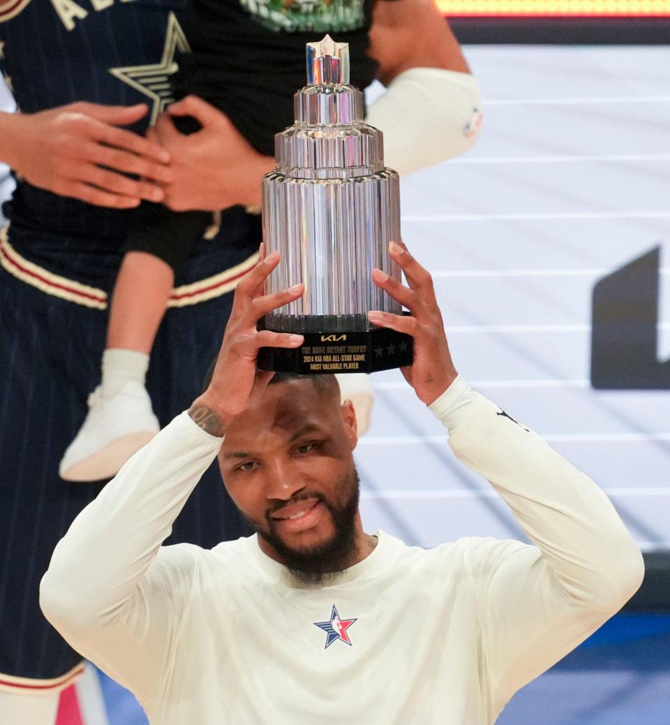 Milwaukee guard Damian Lillard was named MVP after leading the Eastern Conference to a 211-186 win in a defenseless affair in Indiana on Sunday.