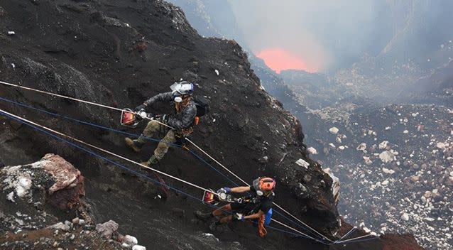 Brad Ambrose and Chris Horsley climbing out of Benbow's lava lake. Photo: Geoff Mackley