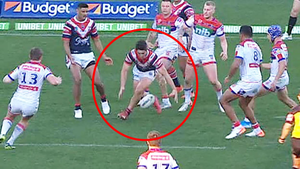 Nat Butcher appeared to knock on before racing away to score. Image: Fox League