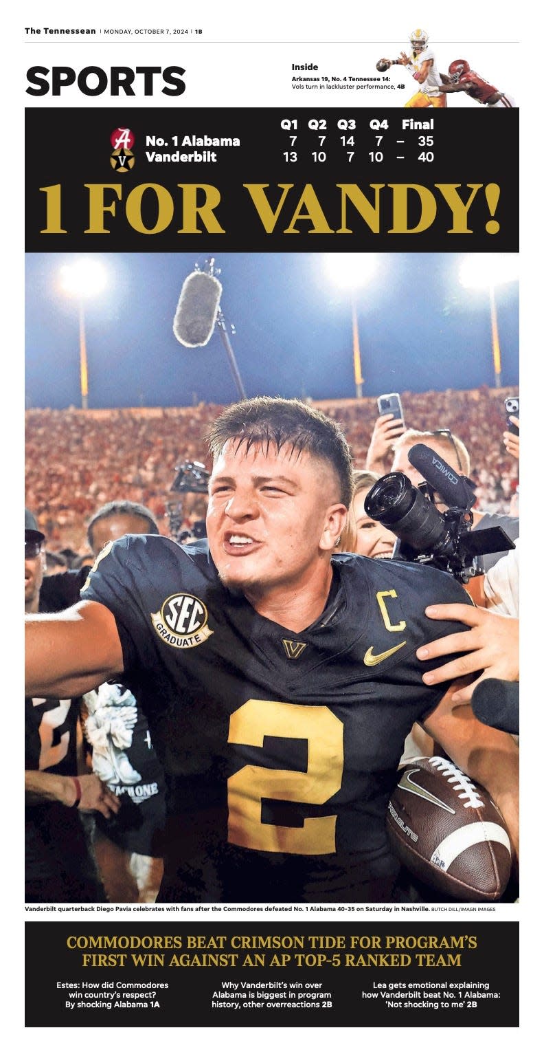 The sports cover from Oct. 7, 2024, featuring Vanderbilt football's win over Alabama, is available to purchase as a commemorative edition.