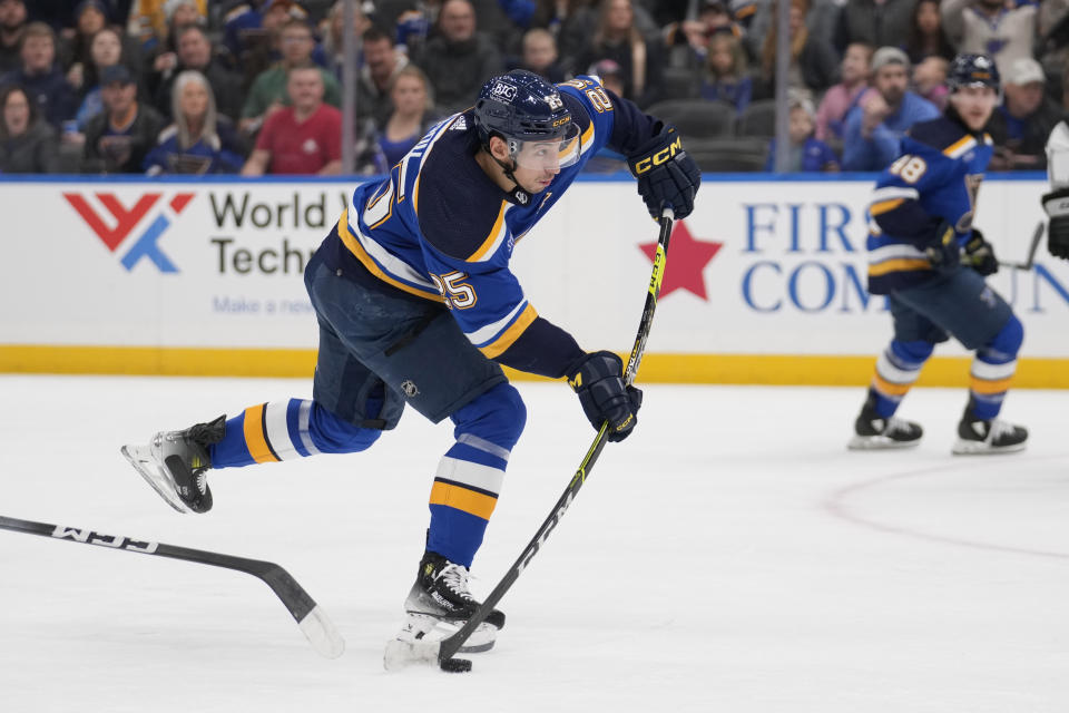 St. Louis Blues' Jordan Kyrou (25) scores during the second period of an NHL hockey game against the Los Angeles Kings Sunday, Jan. 28, 2024, in St. Louis. (AP Photo/Jeff Roberson)
