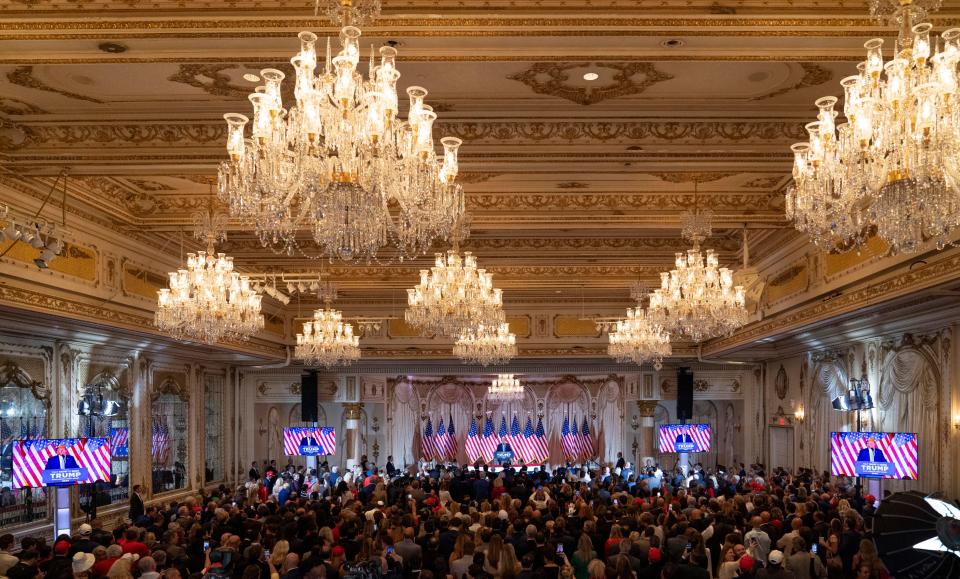 Supporters fill the ballroom at Mar-a-Lago as former president Donald Trump speaks after winning 16 states in the republican primaries on Super Tuesday on March 5, 2024 in Palm Beach, Florida.