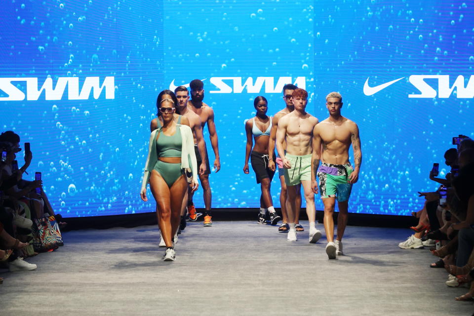 MIAMI BEACH, FLORIDA - JULY 09: Models wearing designs by Nike Swim walk on the runway during 2023 Miami Swim Week Powered By Art Hearts Fashion - Nike Swim & Argyle Grant at Fontainebleau Miami Beach on July 09, 2023 in Miami Beach, Florida. (Photo by Udo Salters Photography/Getty Images)