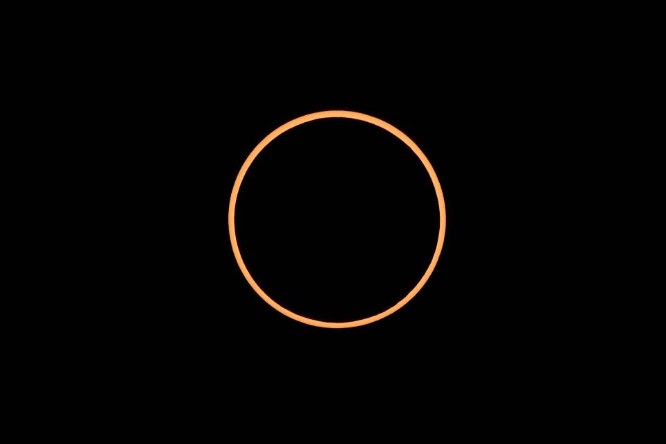 The "ring of fire" effect caused during the annular eclipse of the Sun over Albuquerque, New Mexico, on October 14, 2023.