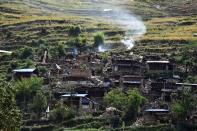 Damaged houses are seen from an Indian army helicopter, flying over Bhogteni village in Nepal's Gorkha district, on May 4, 2015