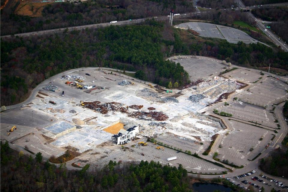 The iconic main entrance was pretty much all that was left standing of the Silver City Galleria in Taunton when local pilot Mike Dupont took this aerial photo of demolition work on April 30, 2021.