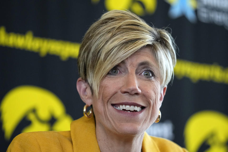 New Iowa women's basketball coach Jan Jensen speaks during a news conference, Wednesday, May 15, 2024, in Iowa City, Iowa. Jensen, who had been associate head coach at the school for 20 years, succeeds Lisa Bluder, who retired after 24 seasons and back-to-back trips to the NCAA championship game. (AP Photo/Charlie Neibergall)