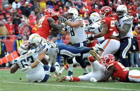 Nov 24, 2013; Kansas City, MO, USA; San Diego Chargers running back Danny Woodhead (39) scores a touchdown against the Kansas City Chiefs during the second half of the game at Arrowhead Stadium. The Chargers won 41-38. Mandatory Credit: Denny Medley-USA TODAY Sports