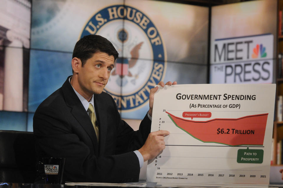 Rep. Paul Ryan (R-Wis.) points at a new friend during an appearance on 'Meet the Press' on April 10, 2011. (Photo: NBC NewsWire via Getty Images)