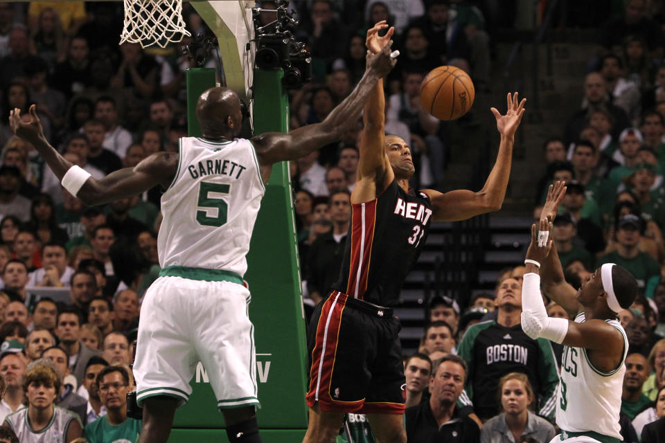 BOSTON, MA - JUNE 03: Shane Battier #31 of the Miami Heat attempts to control a rebound against Kevin Garnett #5 and Rajon Rondo #9 of the Boston Celtics in Game Four of the Eastern Conference Finals in the 2012 NBA Playoffs on June 3, 2012 at TD Garden in Boston, Massachusetts. (Photo by Jim Rogash/Getty Images)