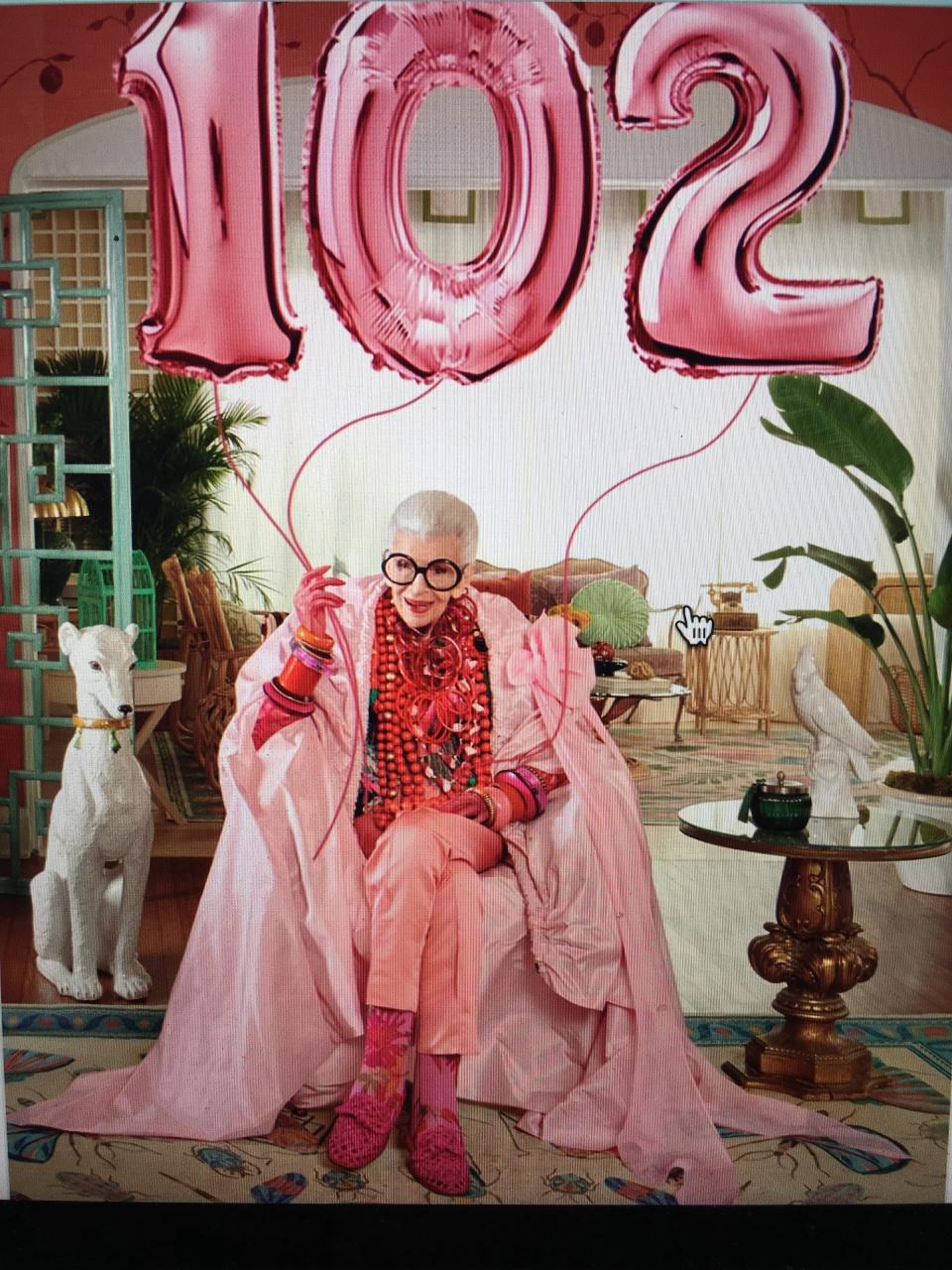 Iris Apfel, head-to-toe in Barbie pink for her 102nd birthday on Aug. 29