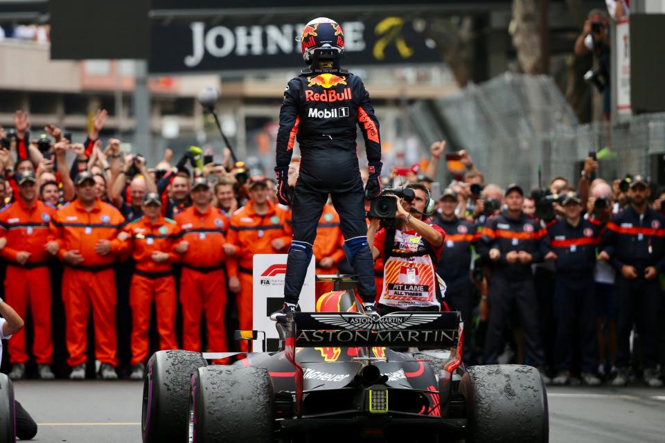 Slow coach: Daniel Ricciardo celebrates after his low-speed victory at the 2018 Monaco Grand Prix. He’ll have to be quicker this weekend