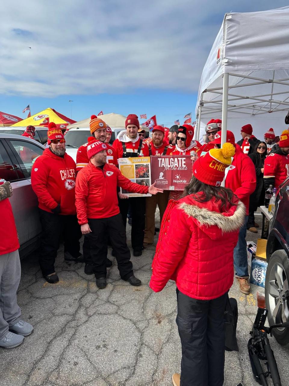 A Kansas City Chiefs tailgate hosted by Aaron Karst and his friends generated more than $14,000 in charitable donations this season alone.