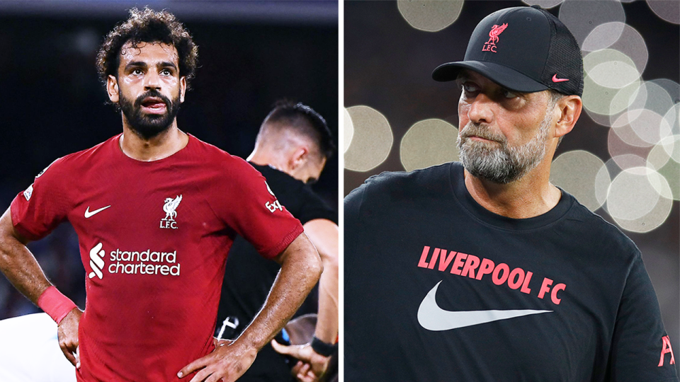 Liverpool boss Jurgen Klopp (pictured right) during the Champions League and (pictured left) Mohamed Salah looking frustrated.