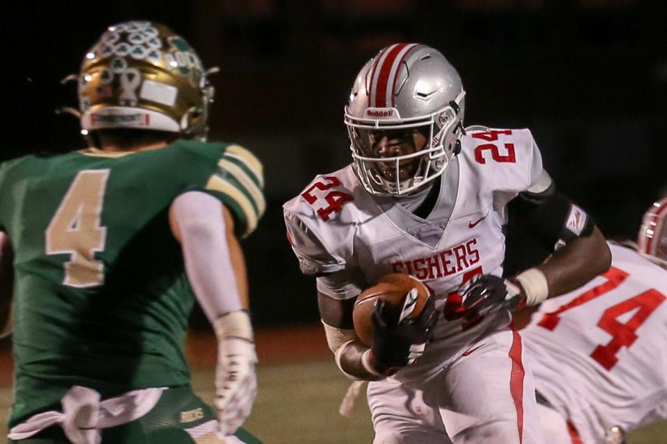 Fisher's Khobie Martin (24) on the run during Westfield vs Fishers high school IHSAA football, Friday, Oct 6, 2023; Westfield, IN, USA; at Westfield High School.