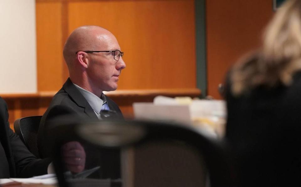 Bellingham Police Department Sgt. Joshua Richard McKissick, 44, appears Thursday, April 11, 2024, in Whatcom County Superior Court for a domestic violence hearing after a woman sought a protection order alleging McKissick abused her.