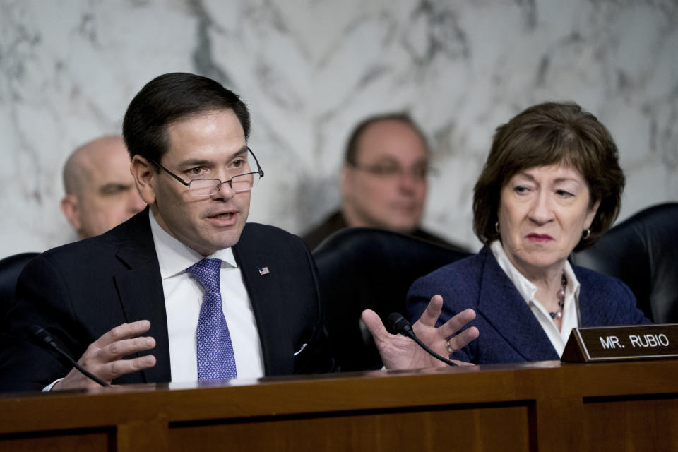 FILE - In this March 21, 2018, file photo, Sen. Marco Rubio, R-Fla., left, accompanied by Sen. Susan Collins, R-Maine, right, speaks as Homeland Security Secretary Kirstjen Nielsen and former Homeland Security Secretary Jeh Johnson appear before a Senate Intelligence Committee hearing on election security on Capitol Hill in Washington. After flaming out in the GOP presidential primary _ and enduring rival Donald Trump’s taunts along the way _ Rubio is entering his next act in politics. But one thing Rubio isn’t doing, he says, is gearing up for a White House run in 2020. And, he says no other Republicans should primary Trump either, because it could cost the GOP the presidency. (AP Photo/Andrew Harnik, File)