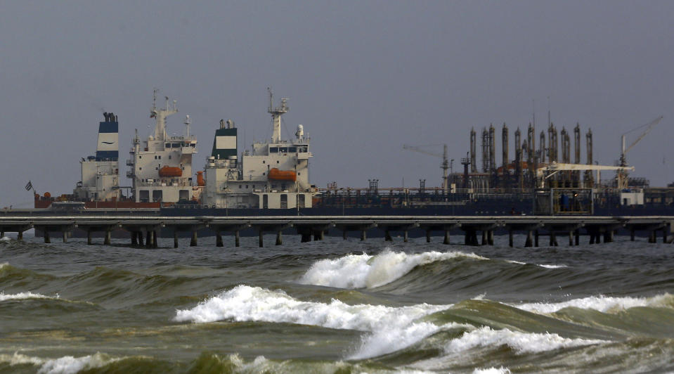 Iranian oil tanker Fortune is anchored at the dock of El Palito refinery near Puerto Cabello, Venezuela, Monday, May 25, 2020. The first of five tankers loaded with gasoline sent from Iran is expected to temporarily ease Venezuela's fuel crunch while defying Trump administration sanctions targeting the two U.S. foes. (AP Photo/Juan Carlos Hernandez)