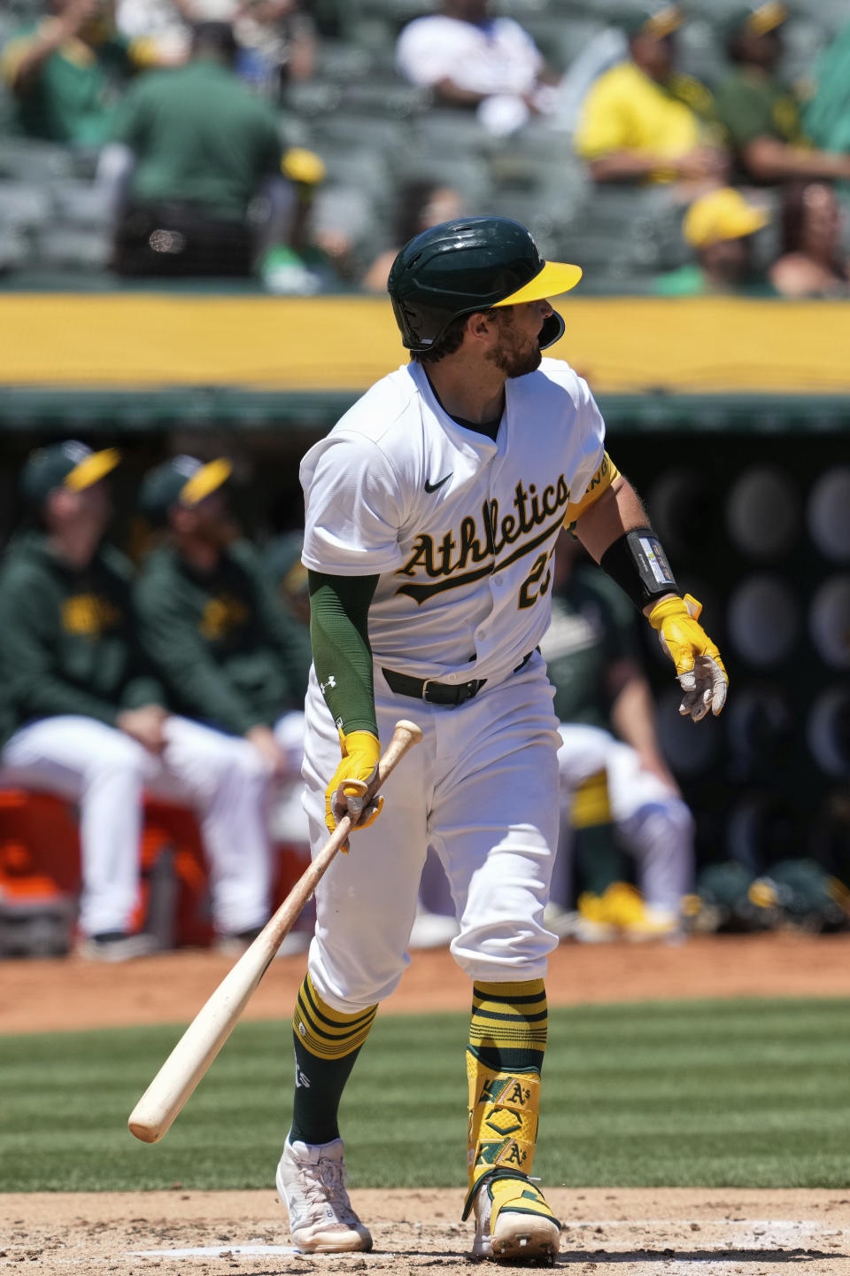 Oakland Athletics' Shea Langeliers watches his two-run home run against the Texas Rangers during the second inning in the first baseball game of a doubleheader Wednesday, May 8, 2024, in Oakland, Calif. (AP Photo/Godofredo A. Vásquez)