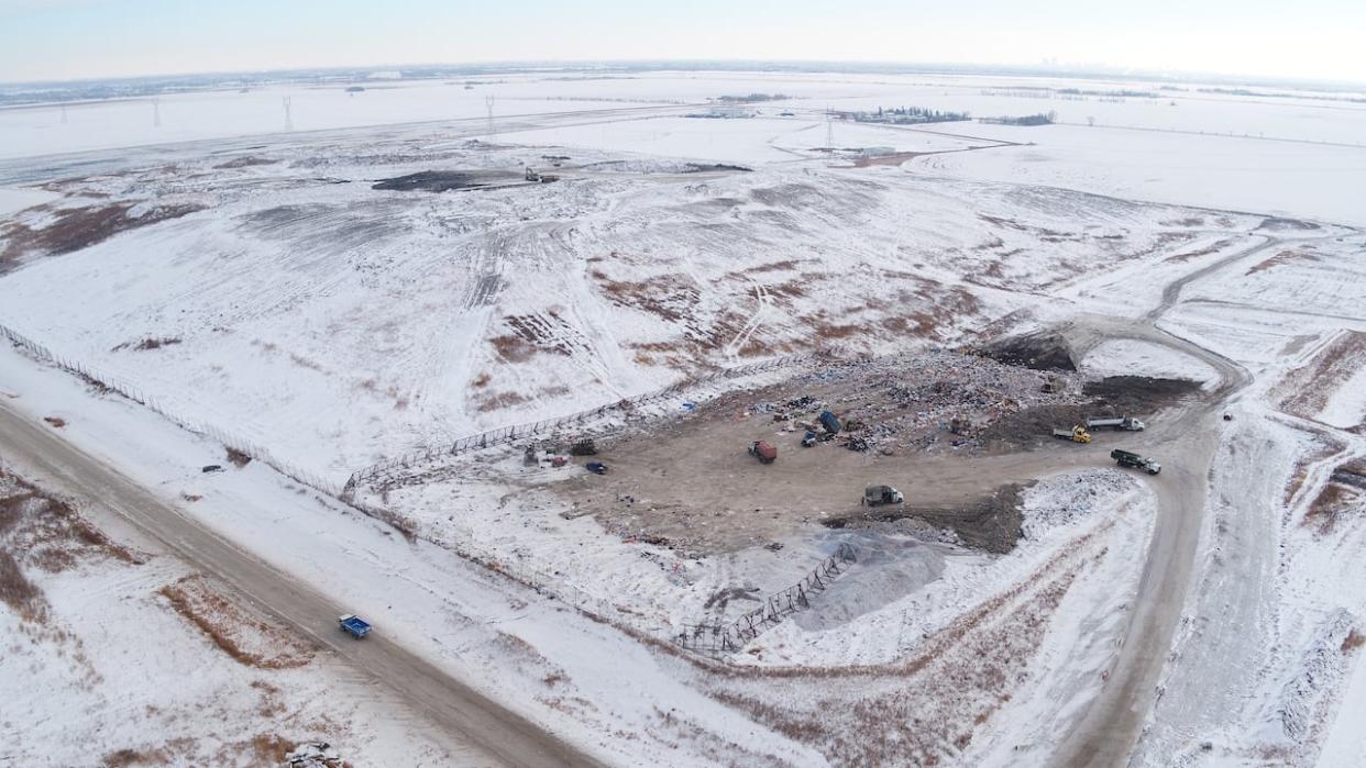 An aerial view of the Prairie Green landfill in the Rural Municipality of Rosser, north of Winnipeg. Manitoba PCs are now campaiging on their opposition to searching this landfill for the remains of two Indigenous women police believe are homicide victims. (Trevor Brine/CBC - image credit)