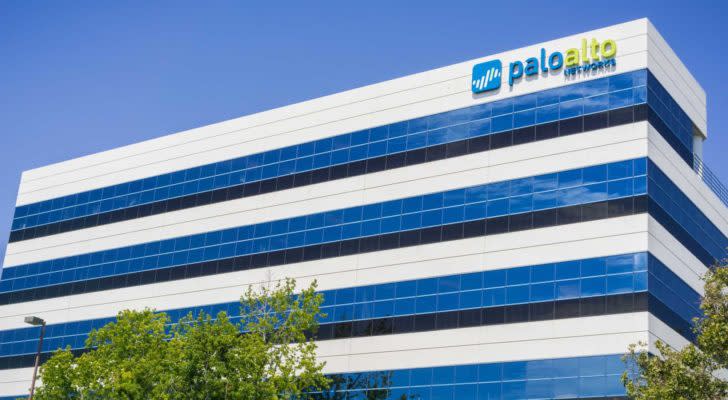 Palo Alto Networks (PANW) building with blue logo on side with blue sky backdrop