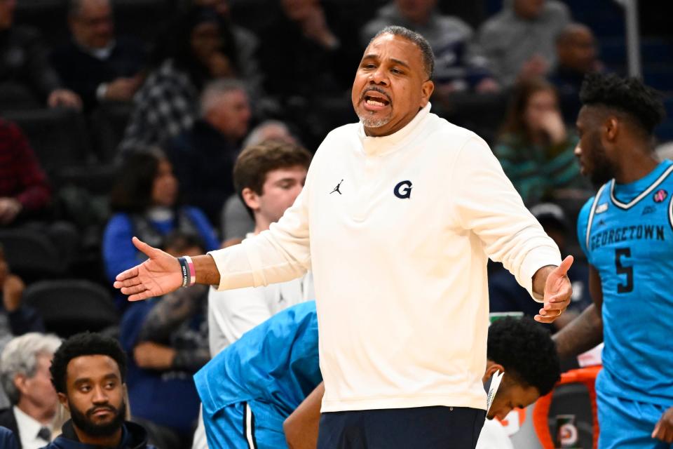 Jan 23, 2024; Washington, District of Columbia, USA; Georgetown Hoyas head coach Ed Cooley reacts against the Butler Bulldogs during the first half at Capital One Arena. Mandatory Credit: Brad Mills-USA TODAY Sports