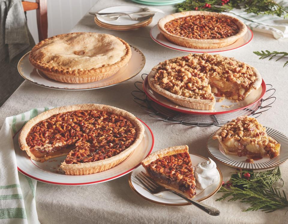 Cracker Barrel is offering Chocolate Pecan, Pecan, Apple Pecan Streusel, and All-American Apple Pie (no sugar added)  from Oct. 29 – Dec. 24. Pumpkin pies are available Nov. 17 – 25 (while supplies last).
