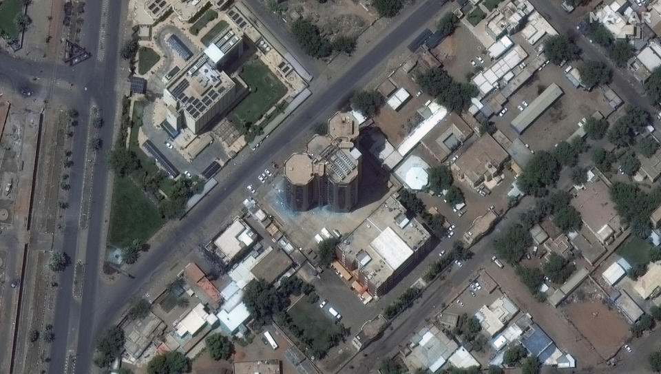 This satellite image provided by Maxar Technologies shows a damaged hospital in Khartoum, Sudan, Monday April 17, 2023. The Sudanese military and a powerful paramilitary group are battling for control of the chaos-stricken nation for a third day. (Satellite image ©2023 Maxar Technologies via AP)