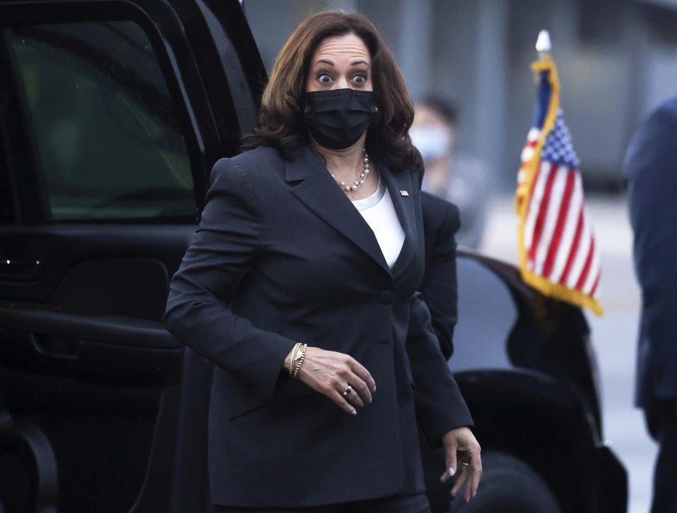 U.S. Vice President Kamala Harris departs Singapore for Vietnam, Tuesday, Aug. 24, 2021. (Evelyn Hockstein/Pool Photo via AP)