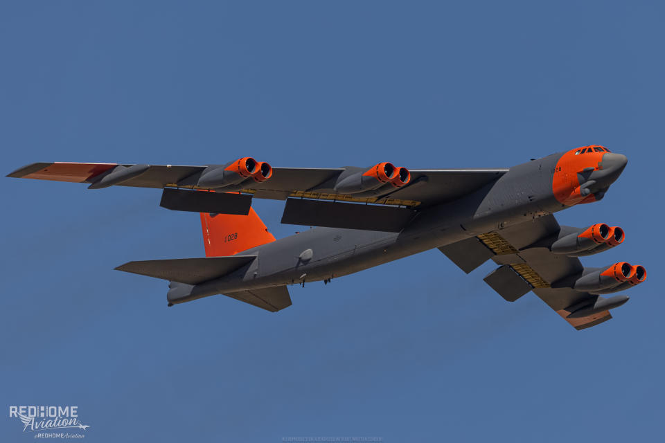 The B-52H Stratofortress “Wolfpack” leaves Tinker Air Force Base in Oklahoma with a retro paint scheme honoring the days when earlier variants were motherships for the X-15 experimental rocket plane. (Redhome Aviation) REDHOME MEDIA CO