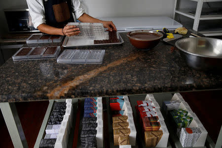 A worker makes chocolate bars at the Mantuano chocolate factory in Caracas, Venezuela October 26, 2017. REUTERS/Carlos Garcia Rawlins